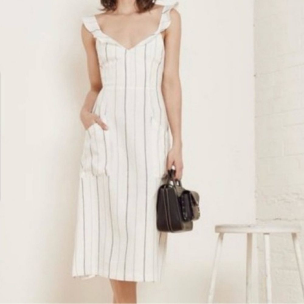 Reformation stripped Loren midi dress with pockets and open tie back